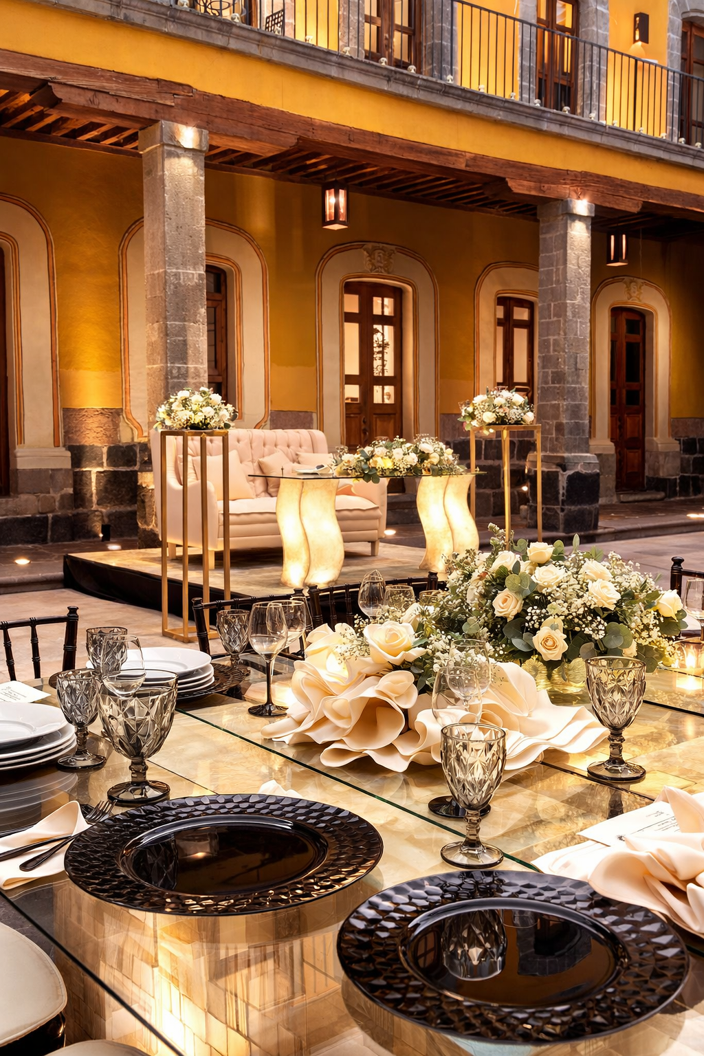 Salon donde se muestra una mesa con ramos decorativos realizados por AUREA